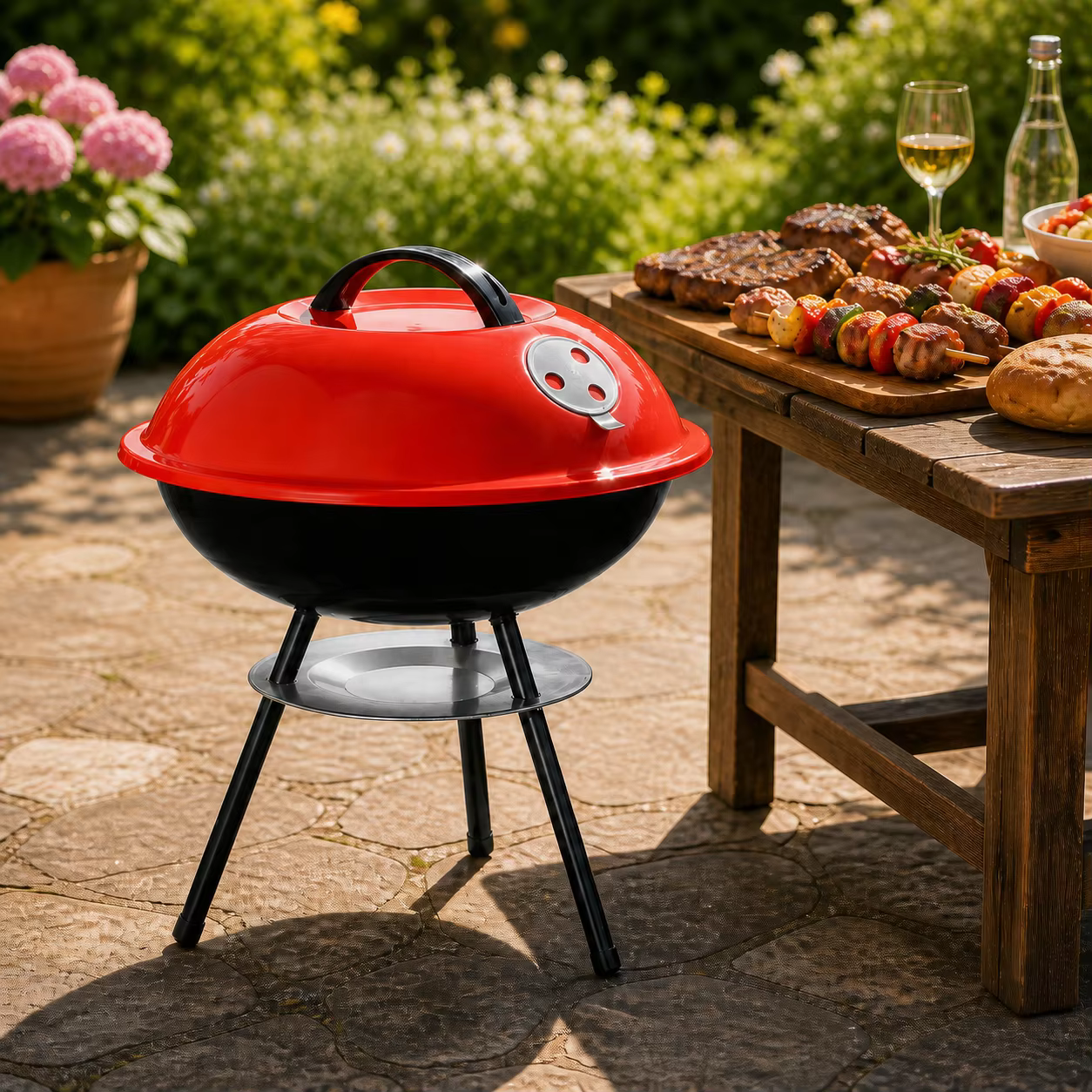 Parrilla BARBACOA redonda con tapa y accesorios — Compacta y práctica