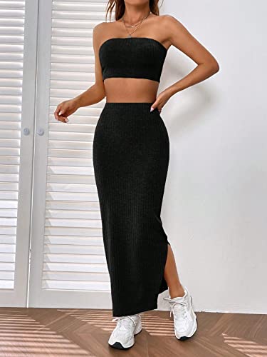 CONJUNTO ELEGANTE NEGRO: top corto y falda dividida