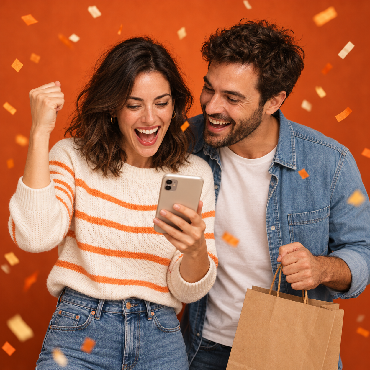 Dos personas celebrando un chollo encontrado en el móvil